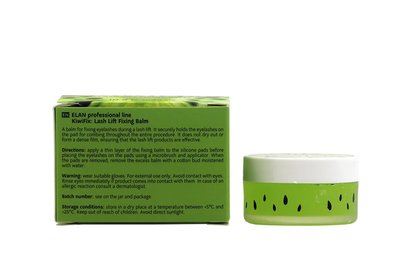 Élan KiwiFix Lash Lift Fixing Balm 10g in green kiwi-themed jar with black seed prints, shown beside box displaying usage directions and warnings