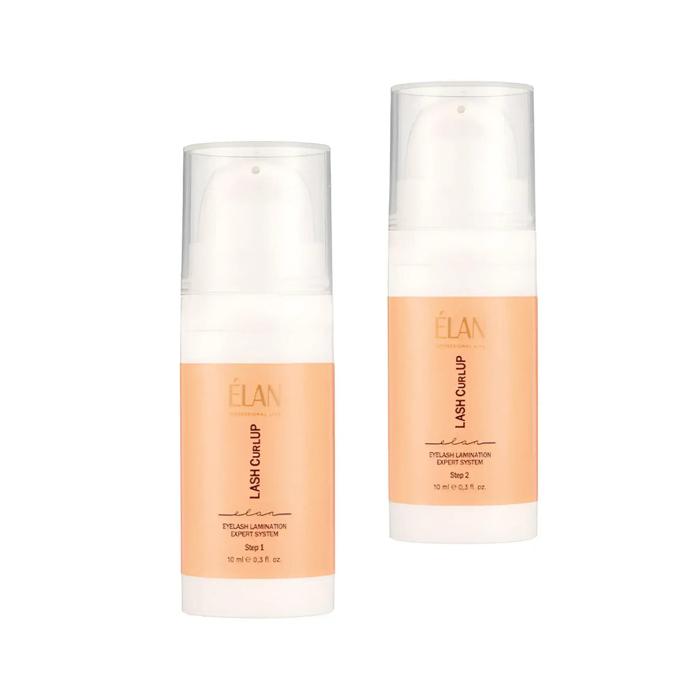 Élan Lash CurlUP Expert System Step 1 and Step 2 bottles for professional eyelash lamination, designed to lift and define lashes