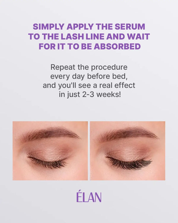 Instruction graphic for ÉLAN LashBOOST Serum: apply to lash line before bed daily, absorbs quickly, visible results in 2–3 weeks, shown with before-and-after lash photos