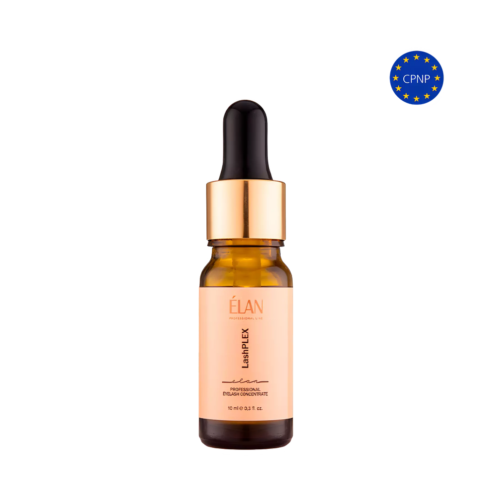 Amber bottle of ÉLAN LashPLEX Eyelash Concentrate with gold dropper cap, designed to protect and strengthen lashes during lamination.