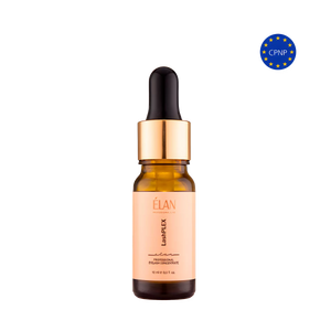 Amber bottle of ÉLAN LashPLEX Eyelash Concentrate with gold dropper cap, designed to protect and strengthen lashes during lamination.