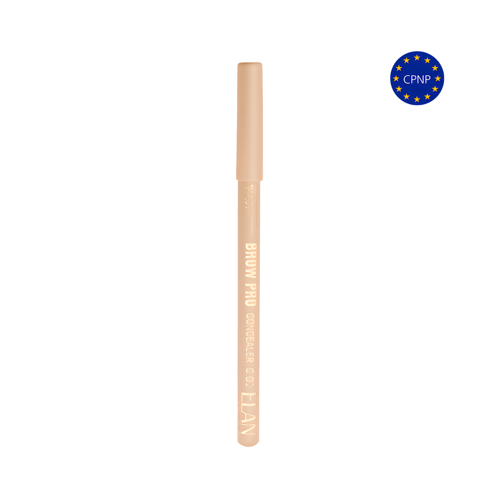 ÉLAN Brow Pro Concealer Pencils in shades C01 and C02 on a pink background, with pencil lines showing creamy texture for brow sculpting.