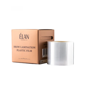 ÉLAN Brow Lamination Plastic Film in a bronze dispenser box with a roll of clear film for professional lamination treatments.