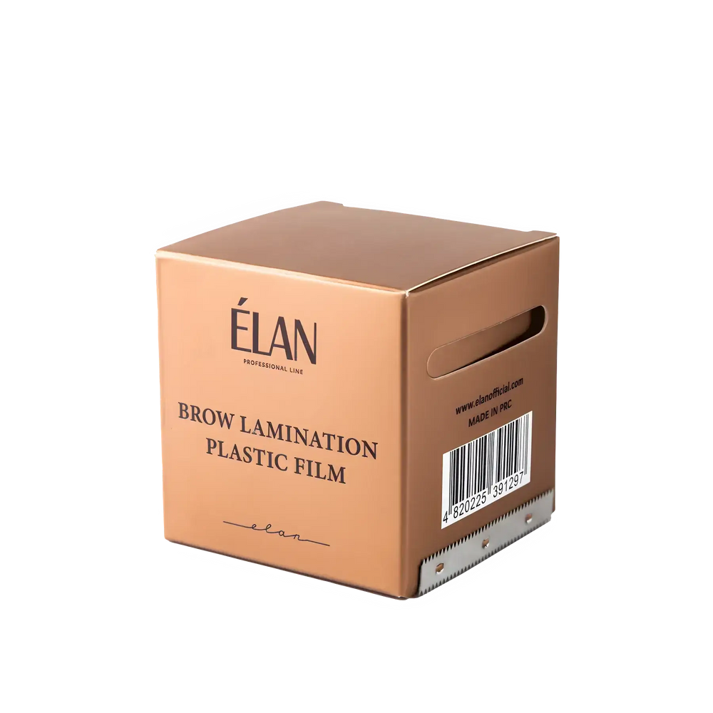 ÉLAN Brow Lamination Plastic Film in a bronze dispenser box with a roll of clear film for professional lamination treatments.