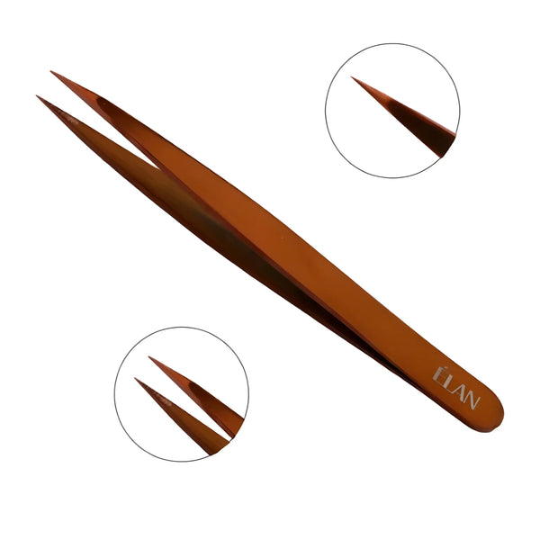 ÉLAN Point Tip Tweezer in bronze with close-up insets showing sharp precision tips for professional eyebrow shaping.