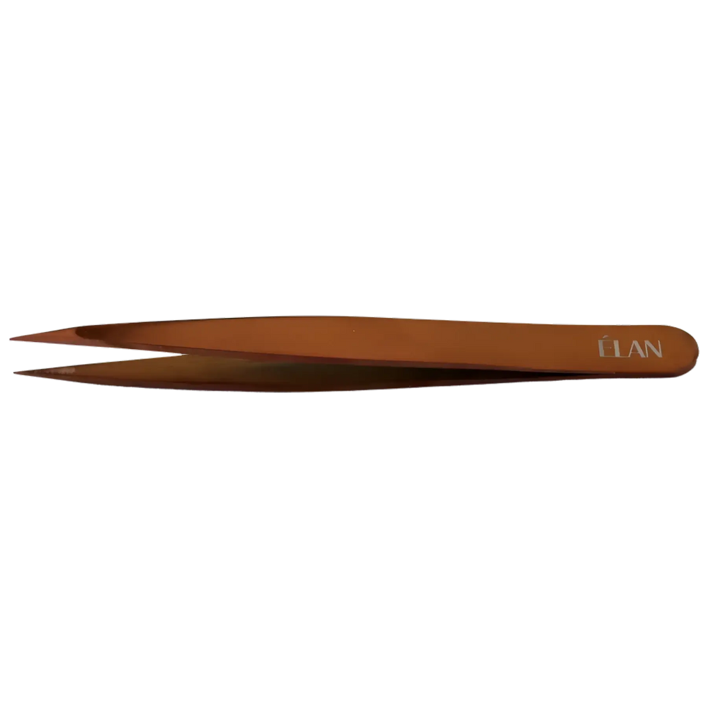 Bronze ÉLAN Point Tip Tweezer with ultra-fine aligned tips for precision hair removal and brow shaping.