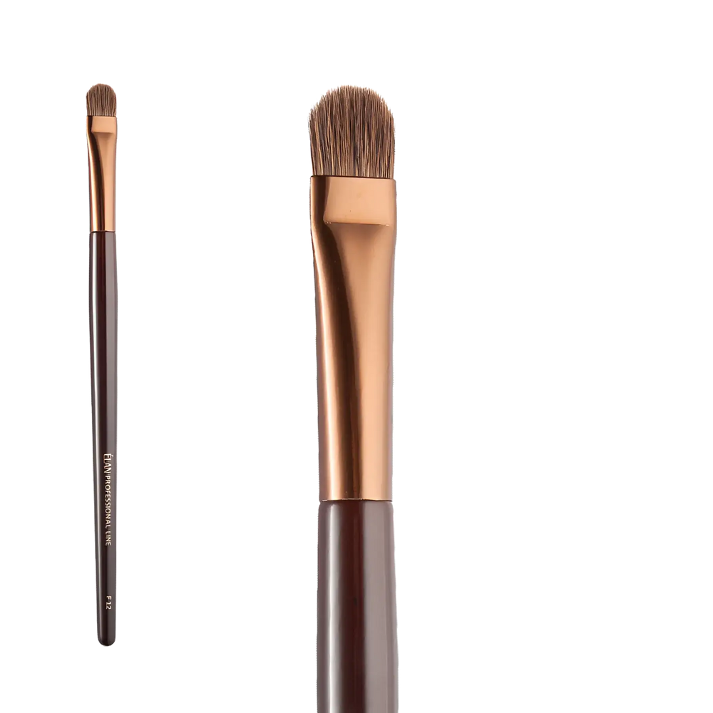 ÉLAN Professional Brush Face No.12 featuring a flat, densely packed synthetic bristle head, ideal for blending cream and powder products with precision.