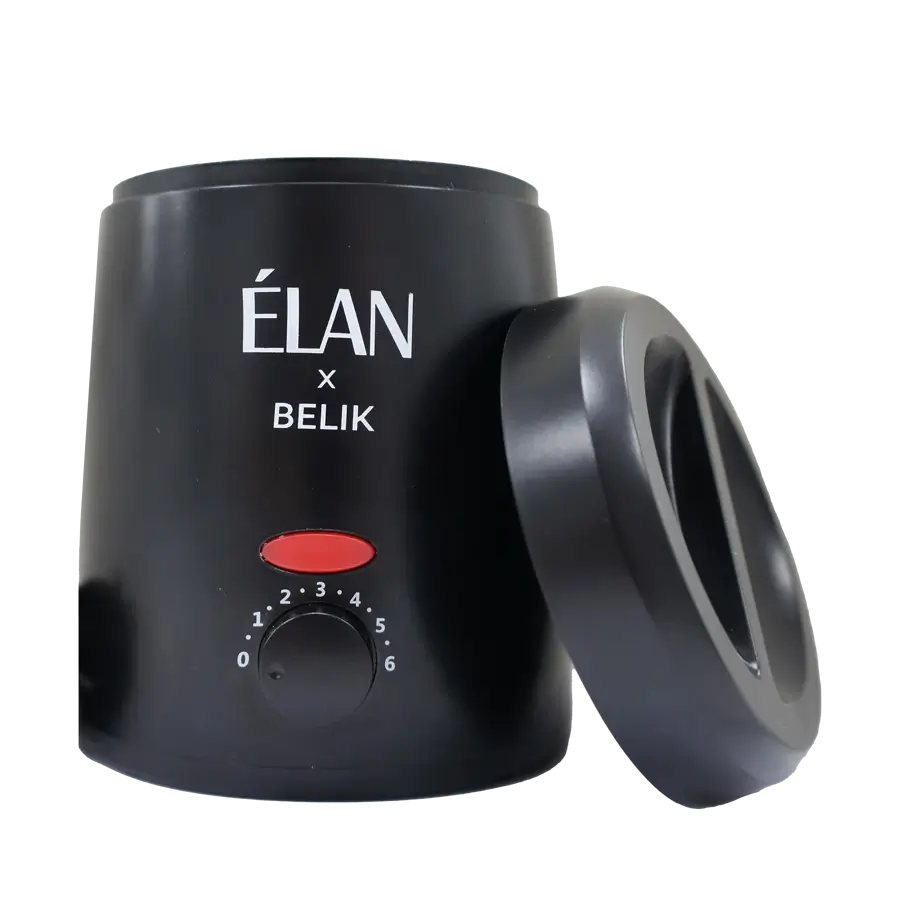 Élan x Belik professional wax heater in sleek black design with adjustable temperature dial and red indicator, ideal for beauty salon use