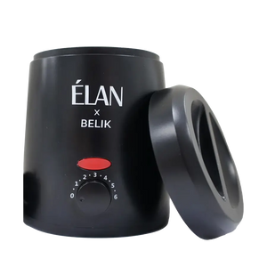 Élan x Belik wax heater in matte black finish with removable lid, red power indicator, and adjustable temperature dial for precise wax heating