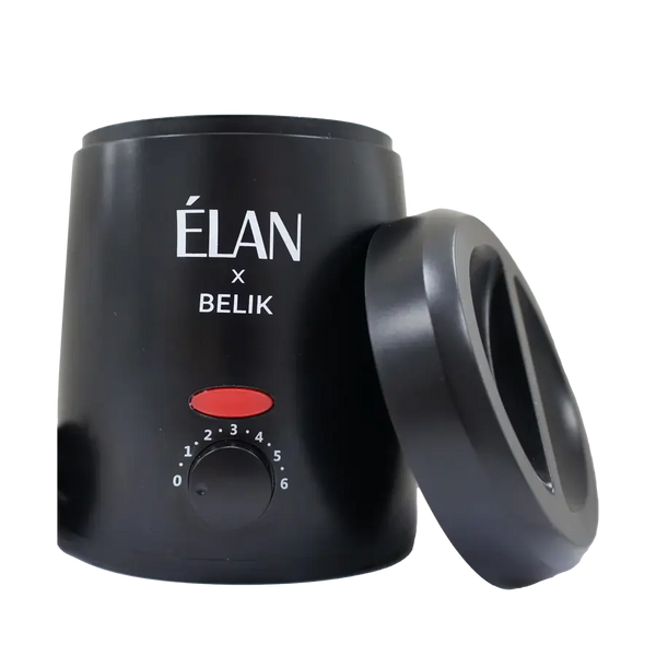 Élan x Belik wax heater in matte black finish with removable lid, red power indicator, and adjustable temperature dial for precise wax heating