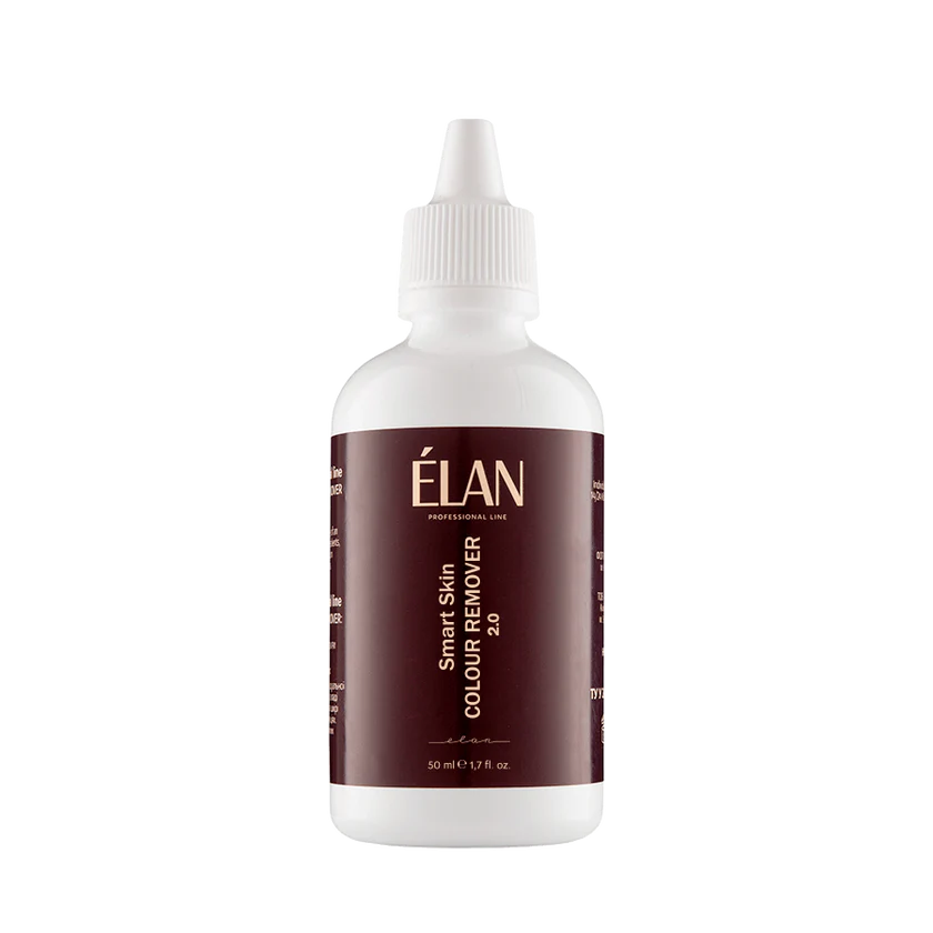 Élan Smart Skin Colour Remover 2.0 in a 50 ml white bottle with burgundy label and precision nozzle, designed for safe and effective tint removal during brow treatments
