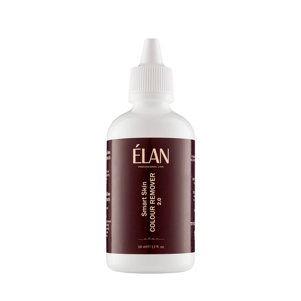 Élan Smart Skin Colour Remover 2.0 in a 50 ml white bottle with burgundy label and precision nozzle, designed for safe and effective tint removal during brow treatments