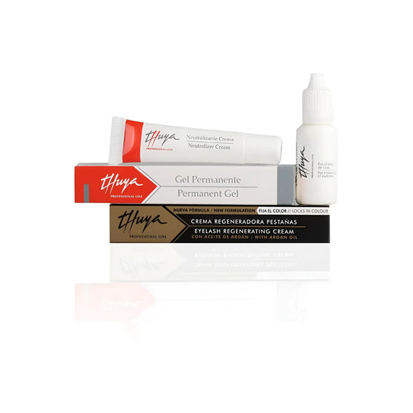 Thuya Brow Lamination Lift Kit with permanent gel, neutralizer cream, eyelash regenerating cream, and fixing solution for professional brow styling