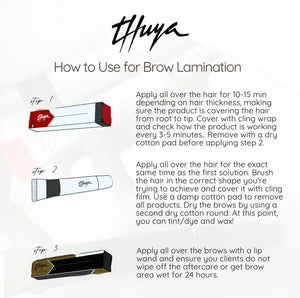 Step-by-step brow lamination guide showing how to use Thuya Permanent Gel, Neutralizer Cream, and Regenerating Cream with instructions for timing, application technique, and aftercare.