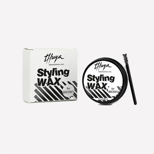 Thuya Professional Brow Styling Wax set featuring a black and white tin, matching box, and spoolie brush for shaping and setting eyebrows
