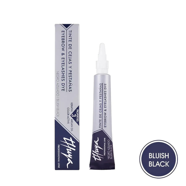 Thuya Eyebrow and Eyelash Dye in Bluish Black with keratin and argan oil, offering a rich, cool-toned black tint for bold definition