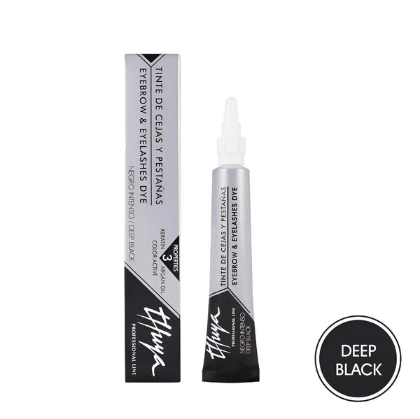 "Thuya Eyebrow and Eyelash Dye in Deep Black enriched with keratin and argan oil, delivering an intense black tint for bold, defined brows and lashes