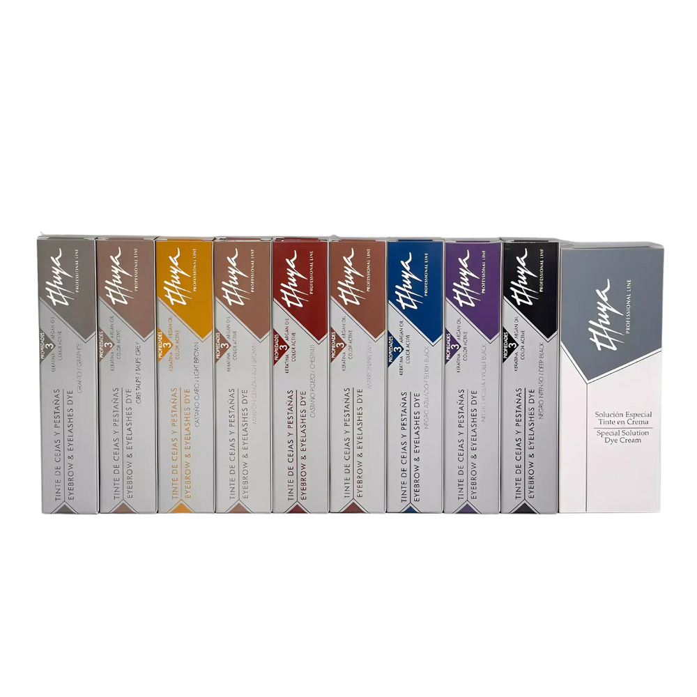 Thuya Eyebrow and Eyelash Dye Kit featuring all 9 tint shades and Special Solution Dye Cream, ideal for professional brow and lash tinting treatments
