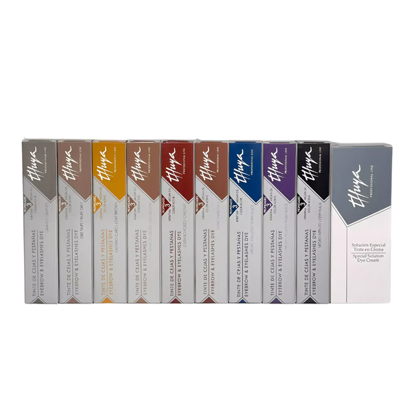 Thuya Eyebrow and Eyelash Dye Kit featuring all 9 tint shades and Special Solution Dye Cream, ideal for professional brow and lash tinting treatments
