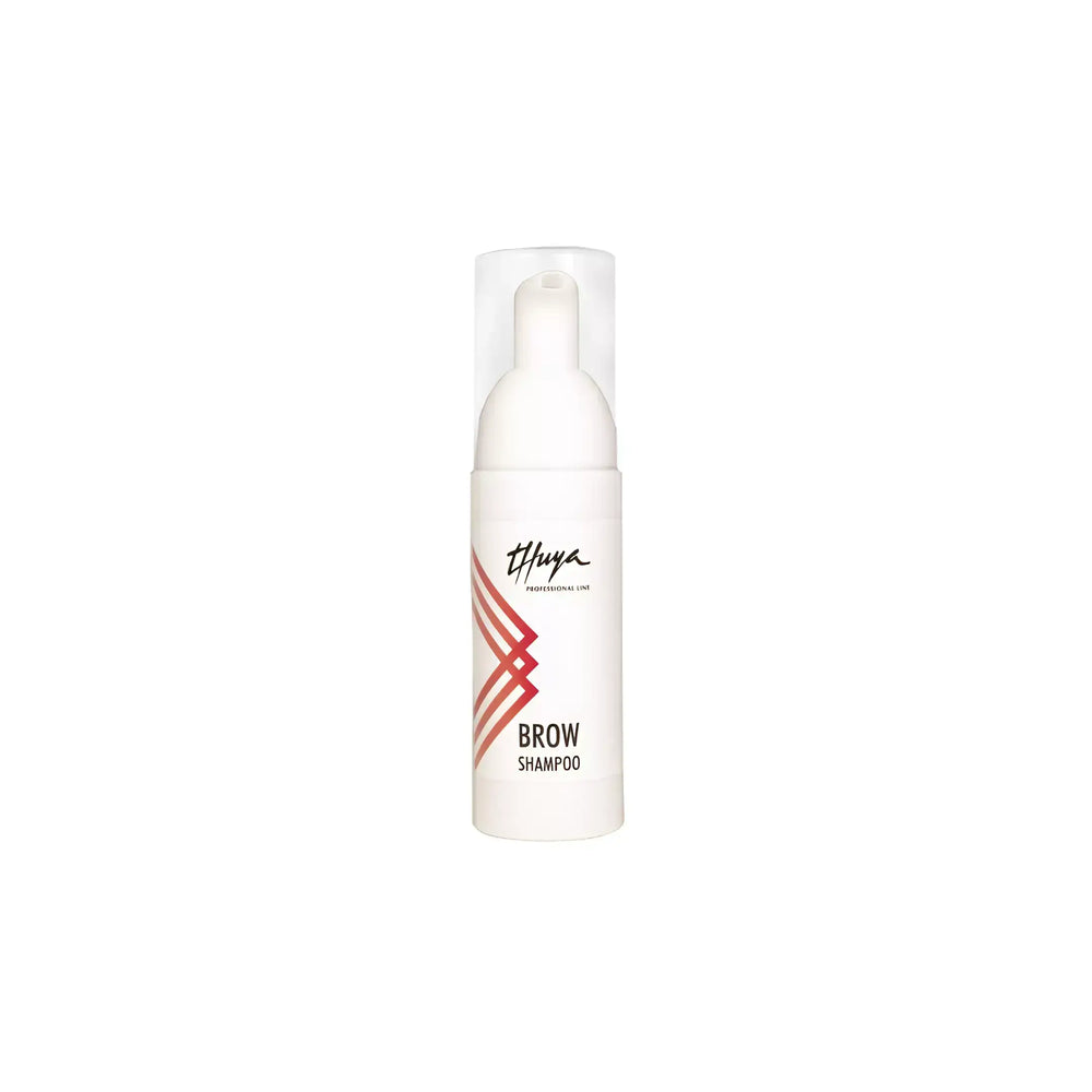 Thuya Foaming Brow Shampoo in a white 50ml pump bottle with red geometric design, used for gently cleansing eyebrows before treatmentsThuya Foaming Brow Shampoo in a white 50ml pump bottle with red geometric design, used for gently cleansing eyebrows before treatments