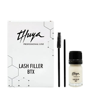 Thuya Lash Filler BTX kit with white box, clear filler bottle, black applicator sticks, designed to nourish and strengthen lashes and brows