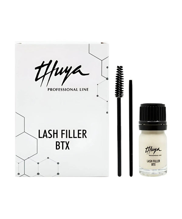 Thuya Lash Filler BTX kit with white box, clear filler bottle, black applicator sticks, designed to nourish and strengthen lashes and brows