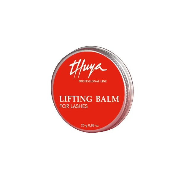 Thuya Lifting Balm for Lashes in a red 25g tin, designed to securely fix lashes during the lash lifting process.