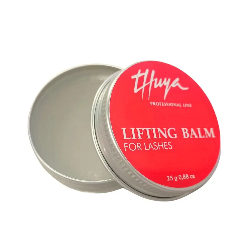 Thuya Lifting Balm for Lashes in a red 25g tin, designed to securely fix lashes during the lash lifting process.