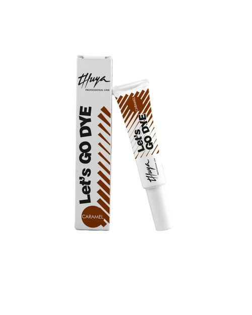 Thuya Let's Go Dye Caramel delivers warm light brown eyebrow tint in a professional tube for soft, natural brow enhancement with lasting color