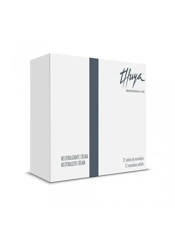 Thuya Neutralizer Cream box containing 12 monodose sachets, formulated to fix hair shape after brow and lash lamination procedures.
