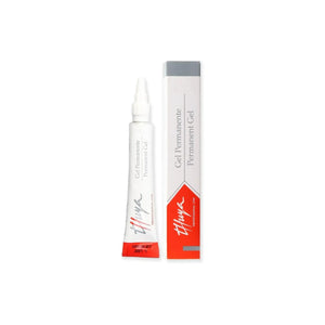 Thuya Permanent Gel Step 1 in a precision-tip tube with box, ideal for professional lash and brow lifting treatments to restructure hair bonds.