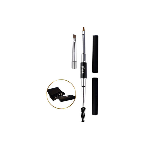 Thuya Premium Dye Brush with dual-ended angled brush and spoolie, includes protective caps and elegant black storage case for professional brow tinting.