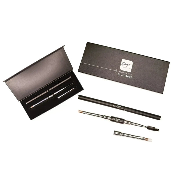 Thuya Premium Dye Brush Kit with sleek black case, featuring dual-ended precision brushes and spoolie for professional brow tint application.