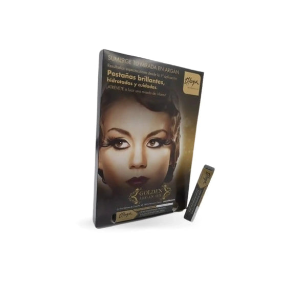 Thuya Golden Argan Oil Eyelash Regenerating Cream with promotional display, designed to enhance lash shine, hydration, and care from first use.