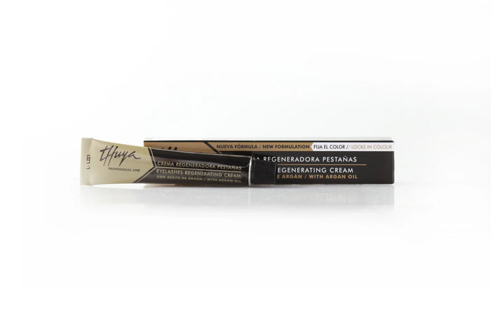 Thuya Eyelashes Regenerating Cream with argan oil in gold and black packaging, formulated to nourish lashes and lock in color post-tinting.