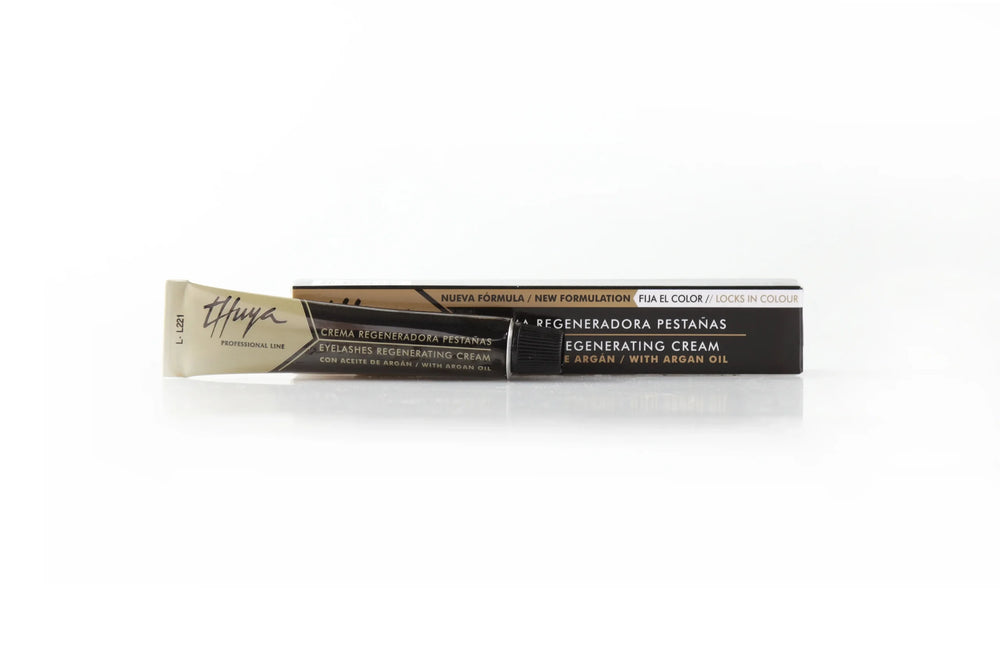 Thuya Golden Argan Oil Eyelash Regenerating Cream with promotional display, designed to enhance lash shine, hydration, and care from first use.