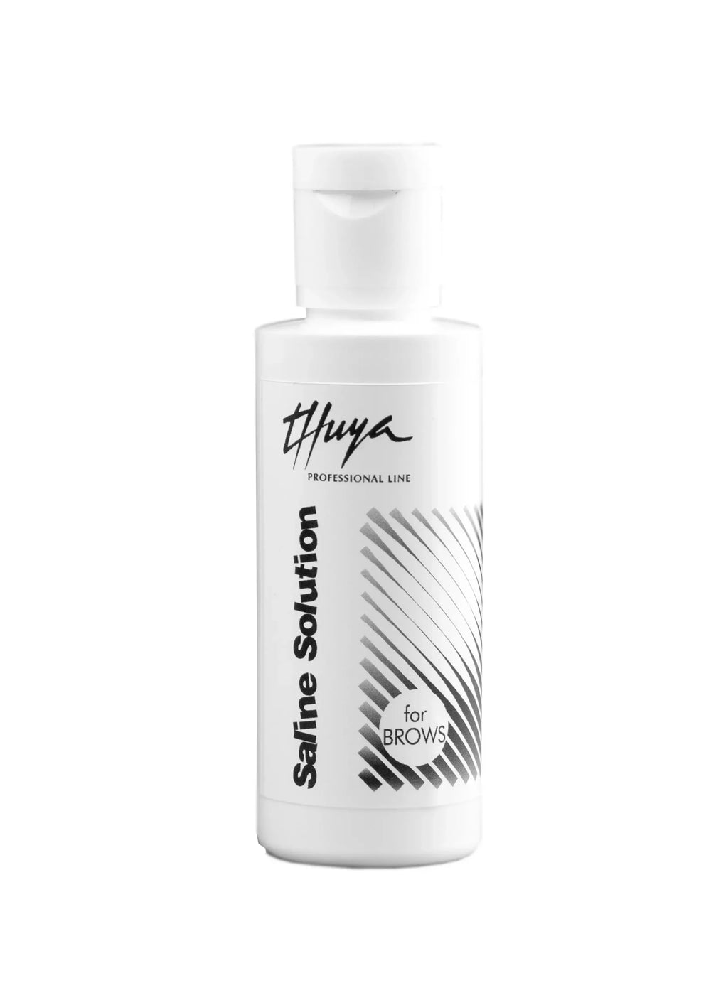Thuya Saline Solution for brows in a white bottle with flip-top cap, featuring modern black typography and abstract line design