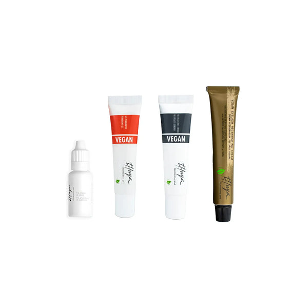 Thuya Vegan Brow Lamination Kit with lifting glue, neutralizer, permanent gel, and lash regenerating cream for brow and lash care.