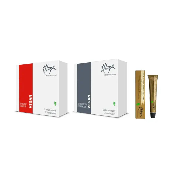 Thuya Vegan Brow Lamination Kit with 12 sachets of permanent gel and neutralizer cream, plus a vegan regenerating cream in gold tube.