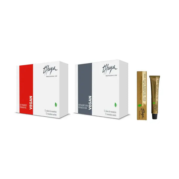 Thuya Vegan Brow Lamination Kit with 12 sachets of permanent gel and neutralizer cream, plus a vegan regenerating cream in gold tube.