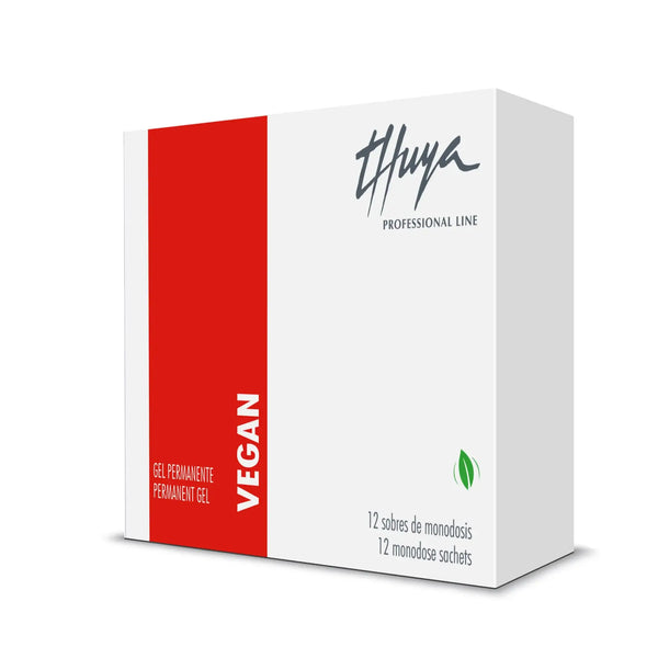 Thuya Vegan Permanent Gel Sachets box with 12 monodose sachets, designed for professional brow lamination treatments.