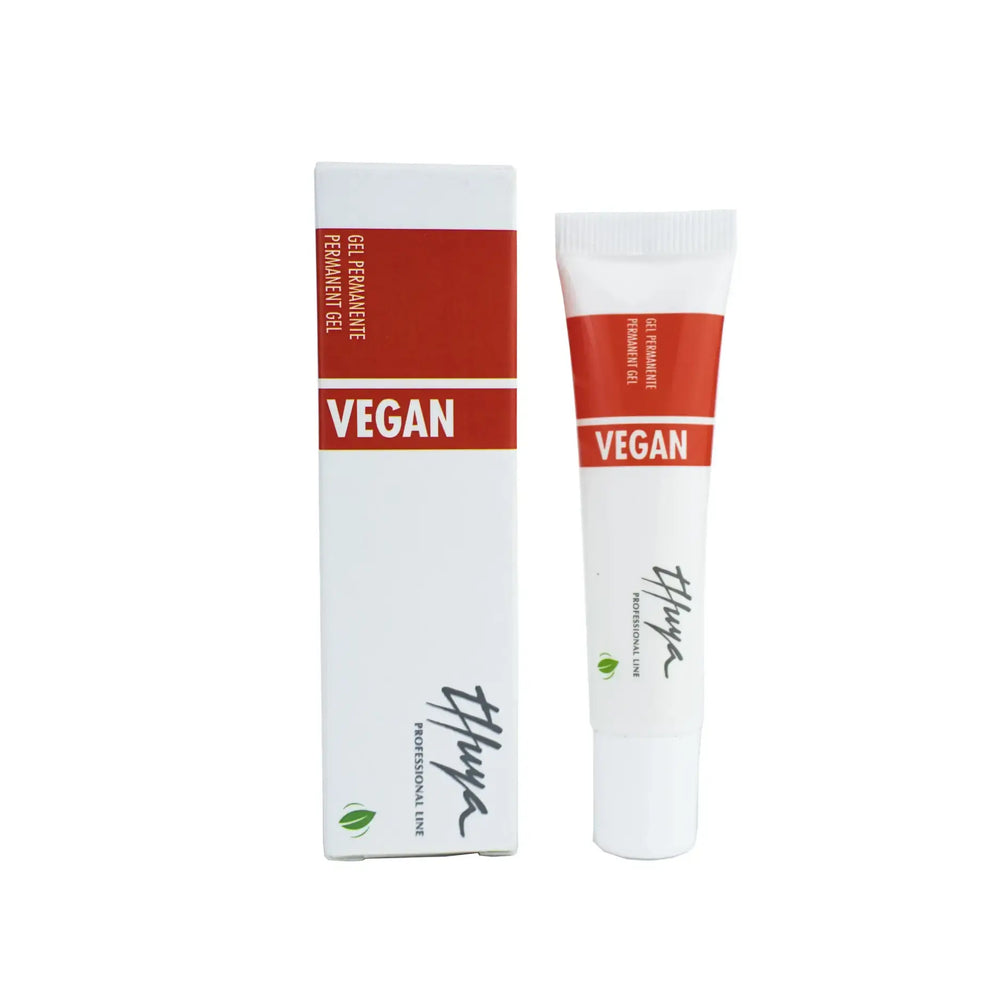Thuya Vegan Permanent Gel Step 2 for professional brow lamination and lash lift, with clean white and red packaging and plant-based formula.