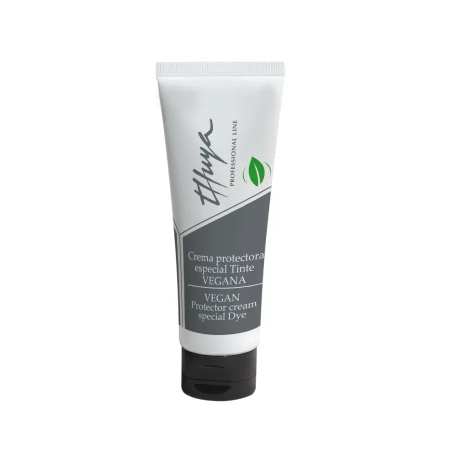 Thuya Vegan Protector Cream for dyeing treatments, in a sleek white and grey tube with a green leaf icon and black flip-top cap