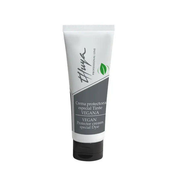 Thuya Vegan Protector Cream for dyeing treatments, in a sleek white and grey tube with a green leaf icon and black flip-top cap