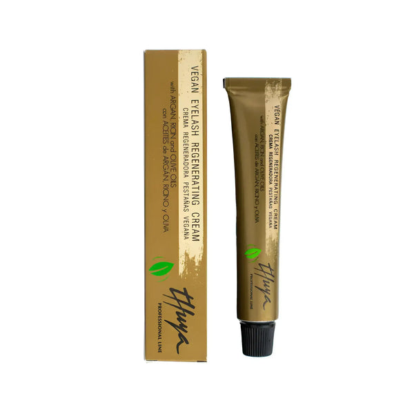 Thuya Vegan Eyelash Regenerating Cream with argan, castor, and olive oils in gold packaging, ideal for nourishing lash care.