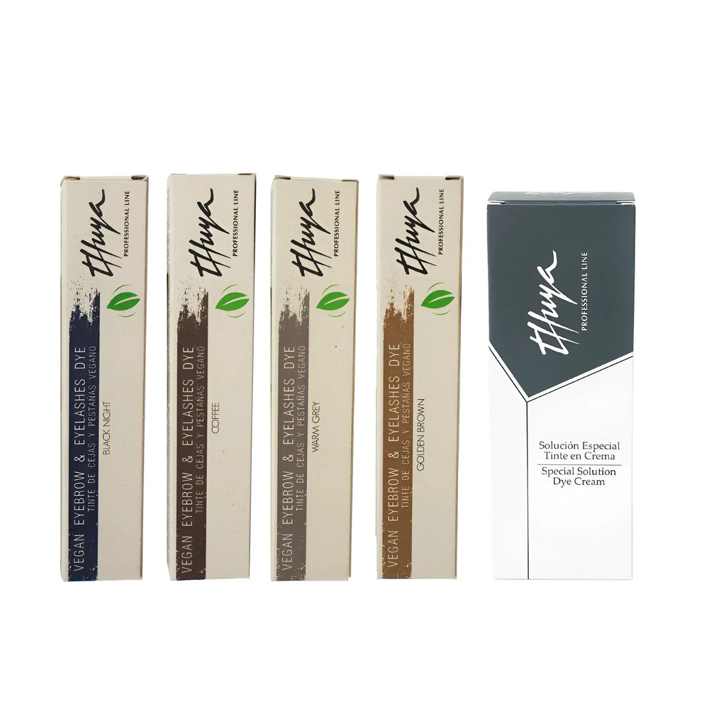 Thuya Vegan Eyebrow & Eyelashes Dye Kit with four natural tint shades and Special Solution Dye Cream for professional brow treatments.