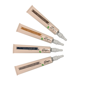 Thuya Vegan Eyebrow and Eyelash Tint Kit featuring four professional shades: Brown, Golden Brown, Black Night, and Warm Grey in soft tubes.