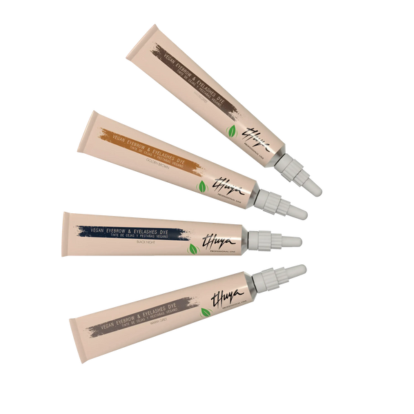 Thuya Vegan Eyebrow and Eyelash Tint Kit featuring four professional shades: Brown, Golden Brown, Black Night, and Warm Grey in soft tubes.